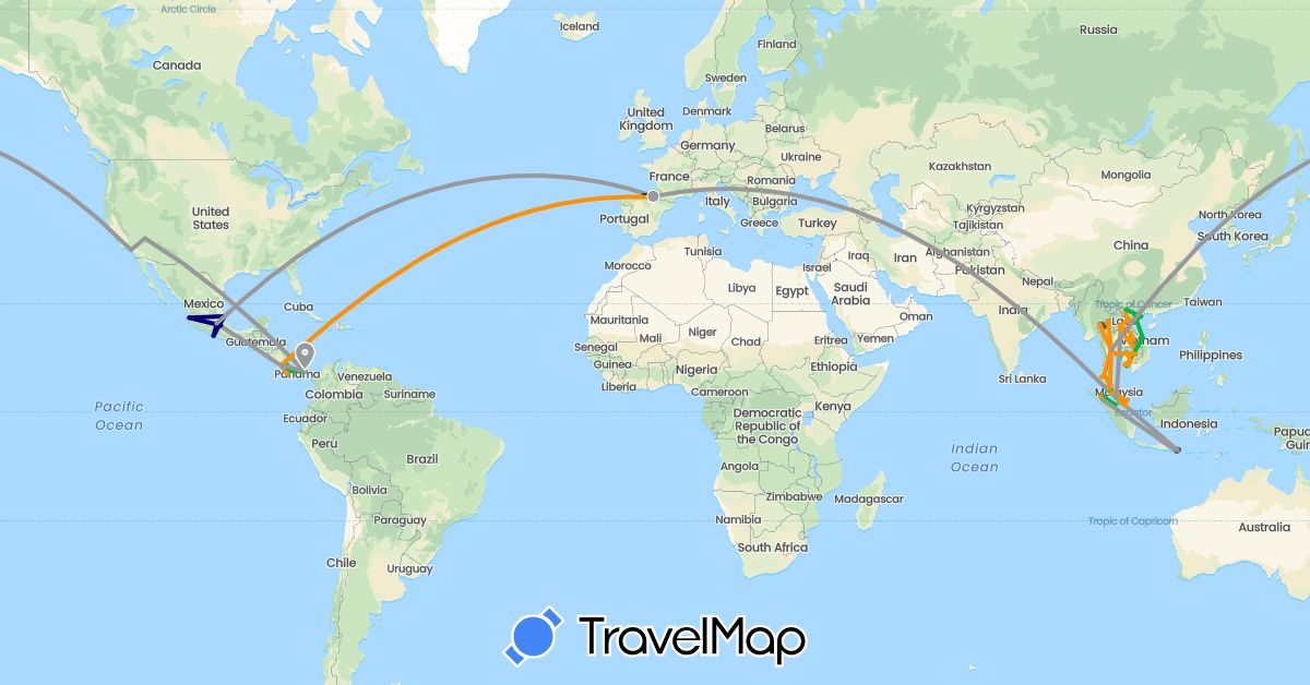 TravelMap itinerary: driving, bus, plane, cycling, boat, hitchhiking, motorbike in Costa Rica, Spain, France, Indonesia, Cambodia, Laos, Mexico, Malaysia, Panama, Singapore, Thailand, United States, Vietnam (Asia, Europe, North America)